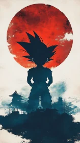 Silhouetted warrior under red sun above ink cityscape.