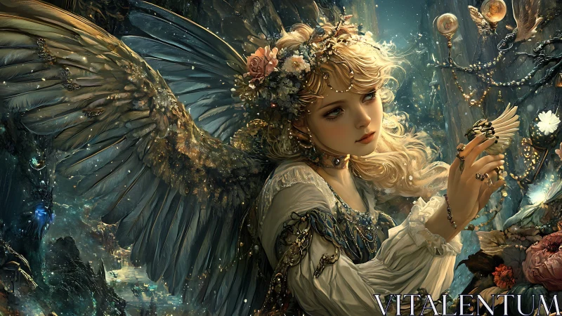 Gentle winged muse in a glowing underwater dreamscape.