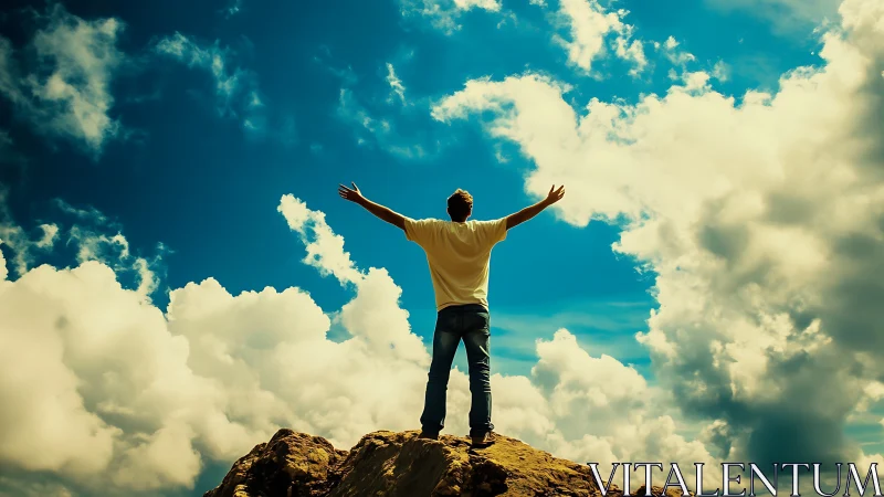 Exultant figure on sunlit peak beneath dramatic sky.