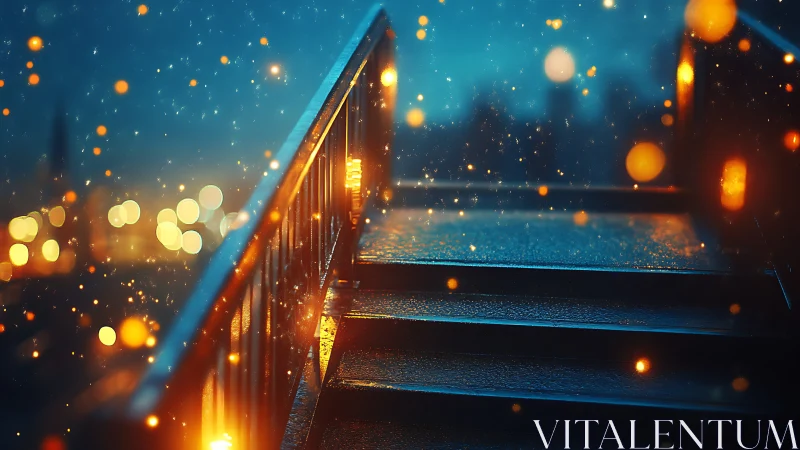 Rain soaked steel stairway with glowing bokeh city lights
