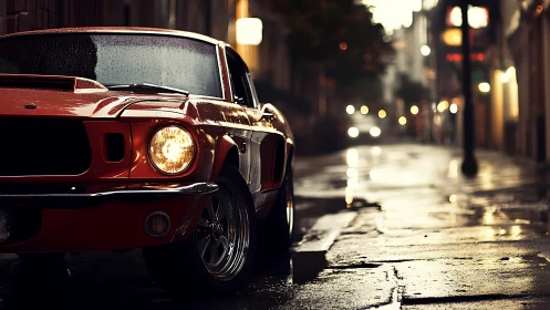 Classic red muscle car under moody rain-soaked streetlights.