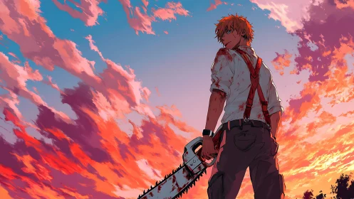 Bloodstained chainsaw hero stalks a neon painted sunset sky.