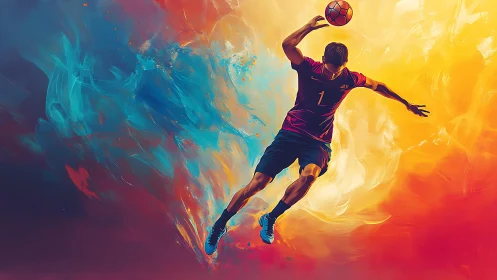 Skyward handball comet streaking through molten color storm.