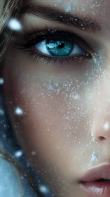 Icy blue eye gazes through swirling winter snowfall in silence
