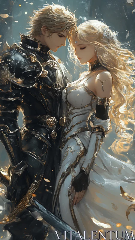 Radiant knight and moonlit bride bound in golden hush.