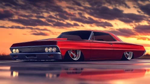 Lowrider muscle car gleams against a cinematic sunset sky