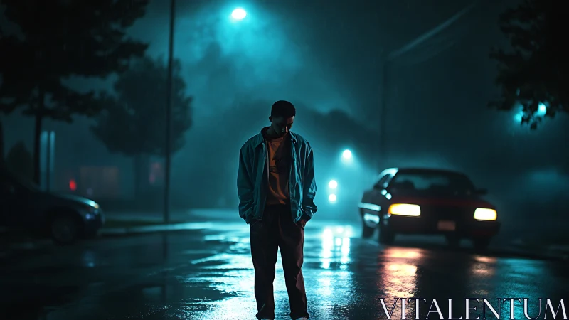 Cinematic night portrait on rain-soaked suburban street scene.