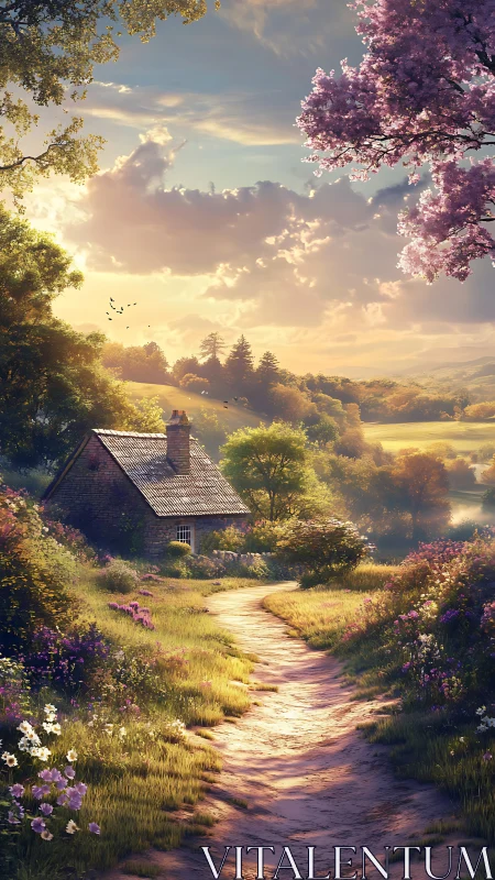 Sunlit country cottage beside winding flowered path.