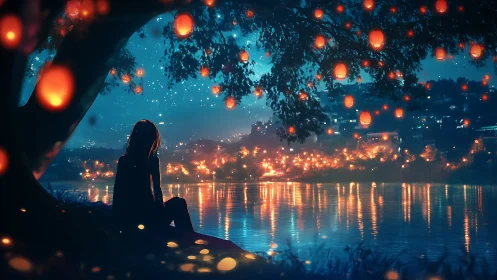 Silhouette by riverside under glowing lantern filled night sky.