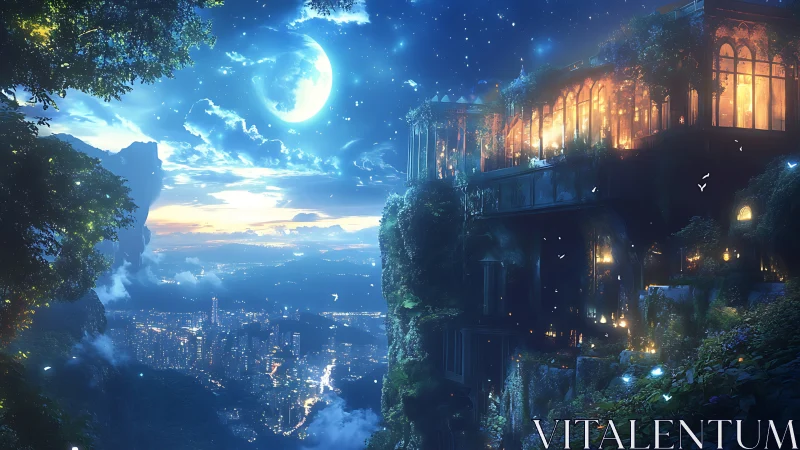 Luminous cliffside sanctuary above moonlit futuristic city.