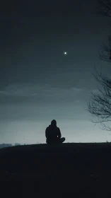 Solitary hooded figure seated under a distant night star.