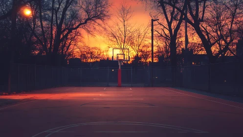 Quiet city basketball court glowing under a tender sunset.