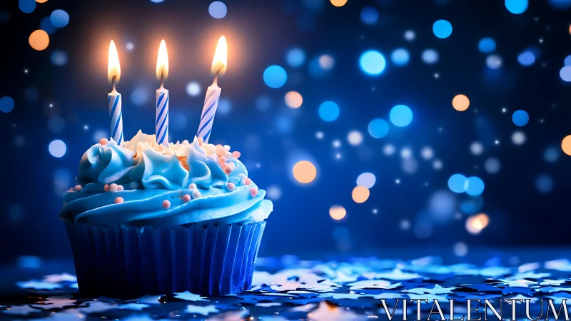 Birthday Cupcake with Three Lit Candles Against Bokeh Lights