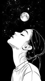 High-contrast ink portrait aligns female profile with lunar disc