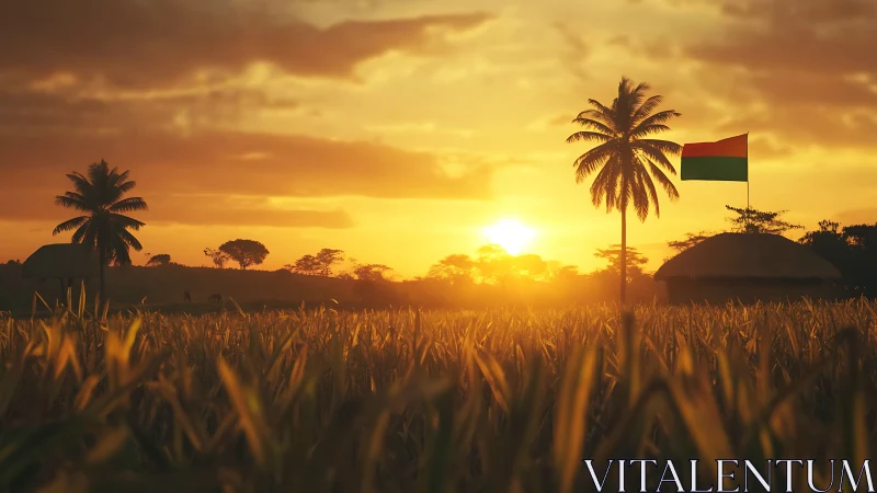 Golden rural sunset bathes palm trees, crops and village flag