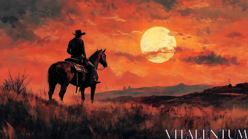 Equestrian silhouette surveying incandescent frontier dusk.