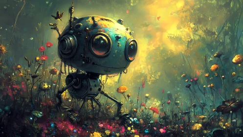 Curious round robot wanders through a glowing wildflower forest