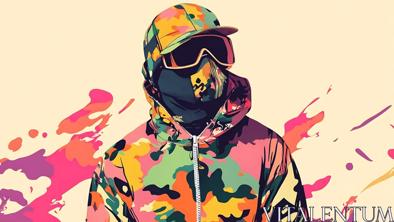 Hooded urban figure in neon camo vector illustration profile.