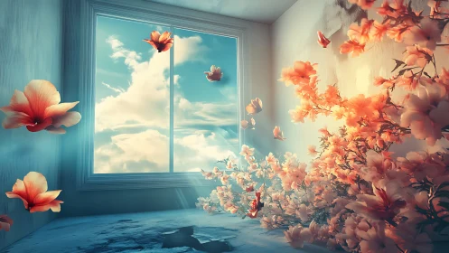 Dreamlit blossoms drifting through a sunwashed windowed room.