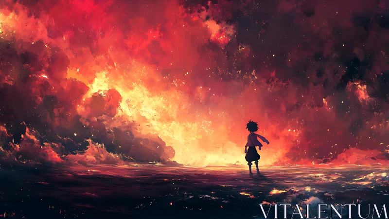 Child faces burning sky over storm-lit reflective ocean.