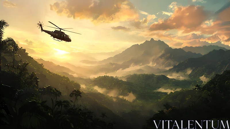 Helicopter drifts through sunrise mist above emerald jungle