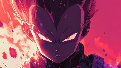 Intense anime warrior glares forward in blazing crimson light.