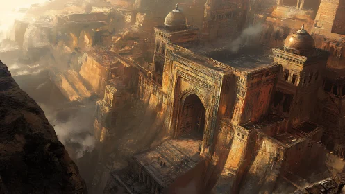 Ancient cliffside fortress city with massive central gate.