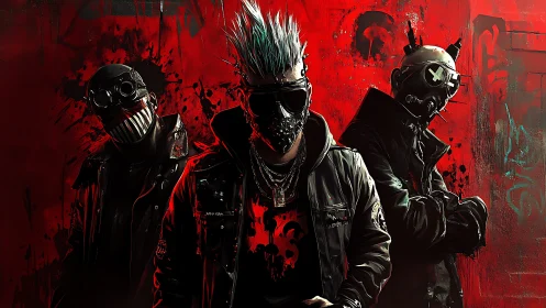 Cyberpunk gang portrait emphasizes neon hair and tactical gear