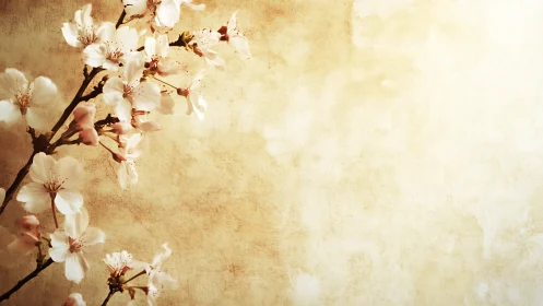 Cherry blossom branch against textured sepia parchment wall.