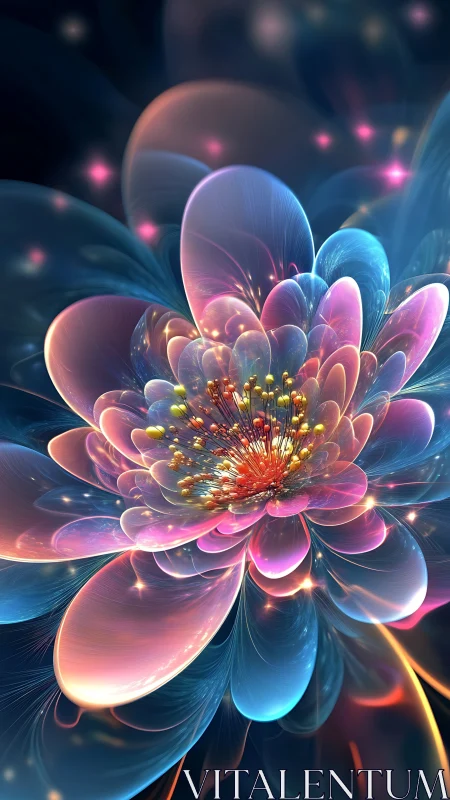 Multilayer translucent digital flower with radial glow.