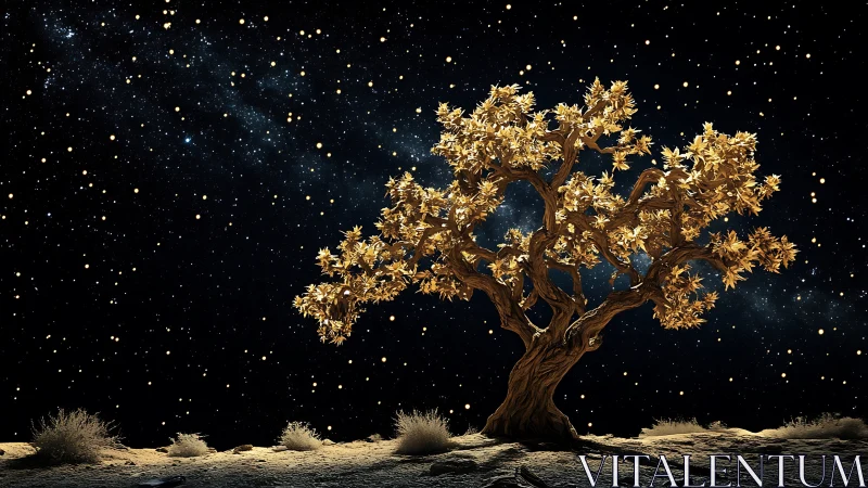 Golden desert tree under dense starry night sky.
