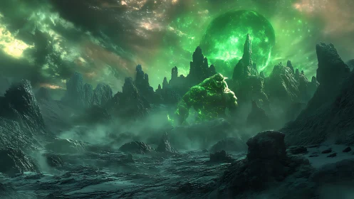 Volcanic alien colossus under irradiated emerald planet.