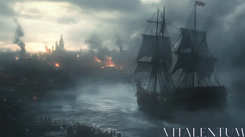 Warship in smoked dawn fog beside a burning harbor city.