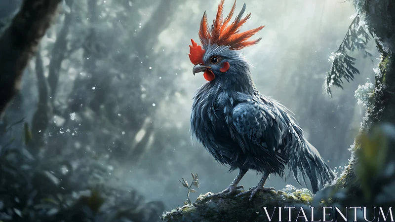Majestic Rooster in Mystical Forest, Digital Fantasy Art.