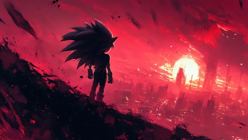 Scarlet skyline welcomes a lone hero watching the burning city