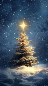 Snow covered fir tree stands beneath illuminated star topper