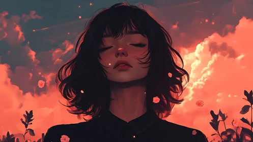 Digital portrait of woman before vivid red-orange sky.