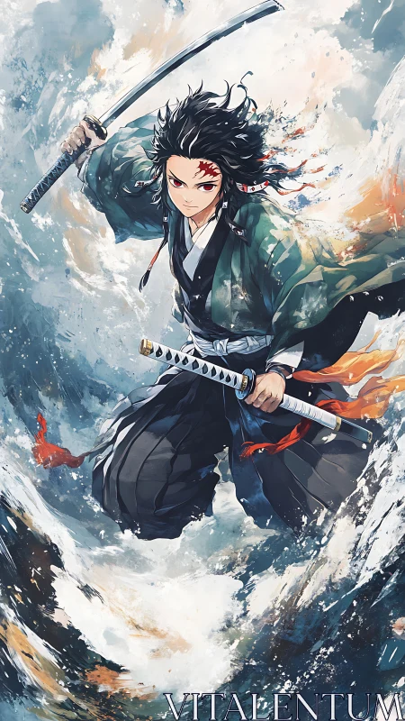 Storm-tossed swordsman carving tides with twin blazing blades.