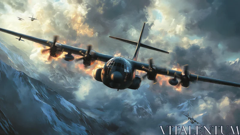 Concept art of a heavy gunship assault over alpine stormfronts.