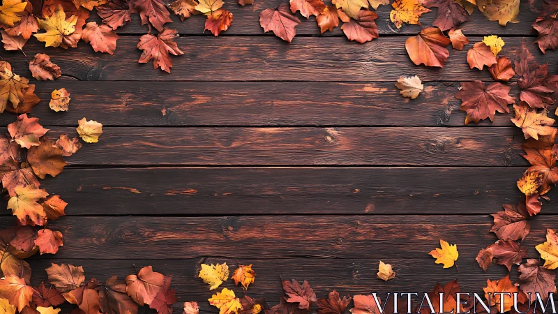 Warm autumn leaves gently frame a rustic wooden table