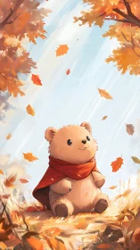 Cloaked bearling savors an autumn breeze of drifting leaves