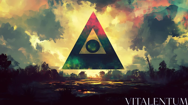 Mystic triangle glows above a dreamy painted twilight land.