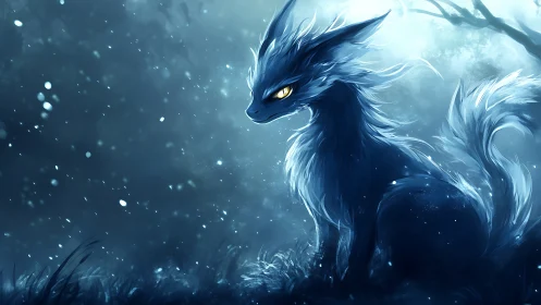 Moonlit spectral fox in swirling blue winter glow.