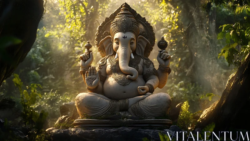 Sunlit stone Ganesha sculpture rendered in dense forest tableau