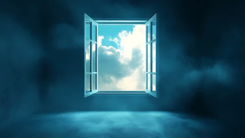 Blue void room discovers a sky door floating in its wall