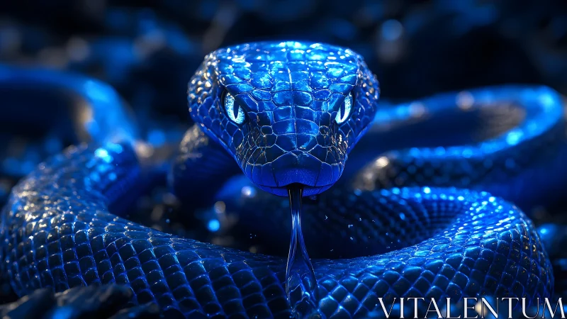 Striking Blue Snake in Hyper-Realistic Style with Intense Gaze.