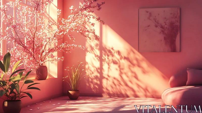 Serene pink room captures cherry blossoms in warm sunlight