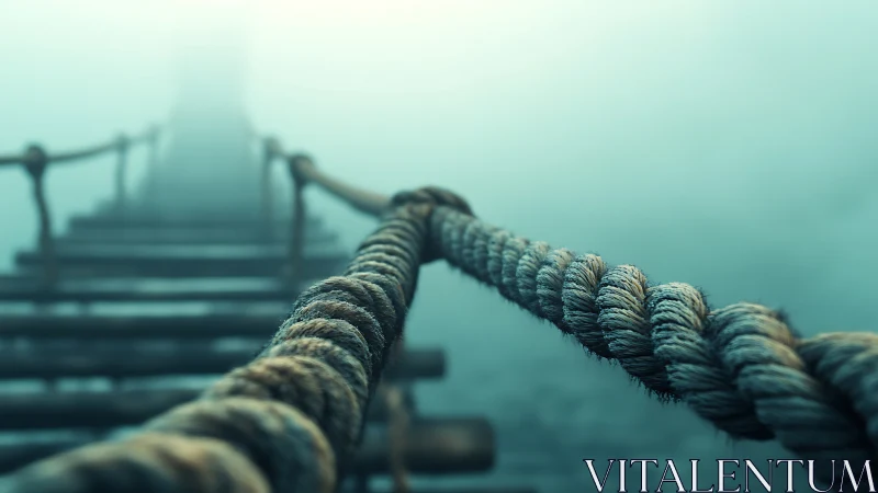 Rope bridge handrail fades into misty blue distance.