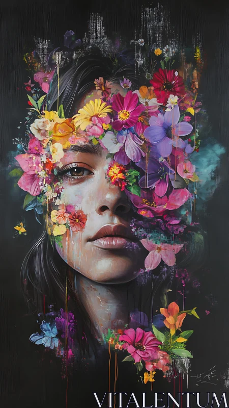 Floral portrait merges human emotion with vivid blooming chaos