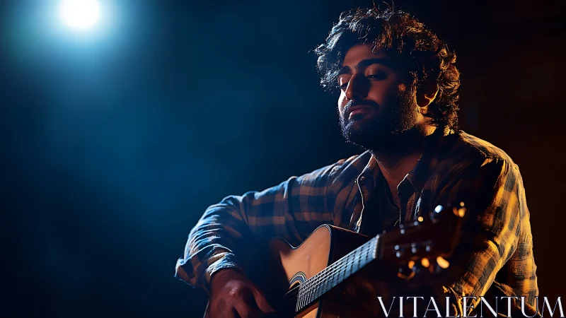 Moody guitarist immersed in blue and amber stage lights.